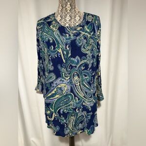 Nine West Jeans Top SZ XXL Blue Paisley 1/2 Button Roll Tab Sleeve Hi Low Tunic